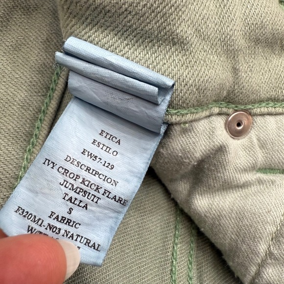 Etica Ivy Crop Kick Flare Jumpsuit Sage Green Button Front Raw Hem Ethical - Picture 11 of 12